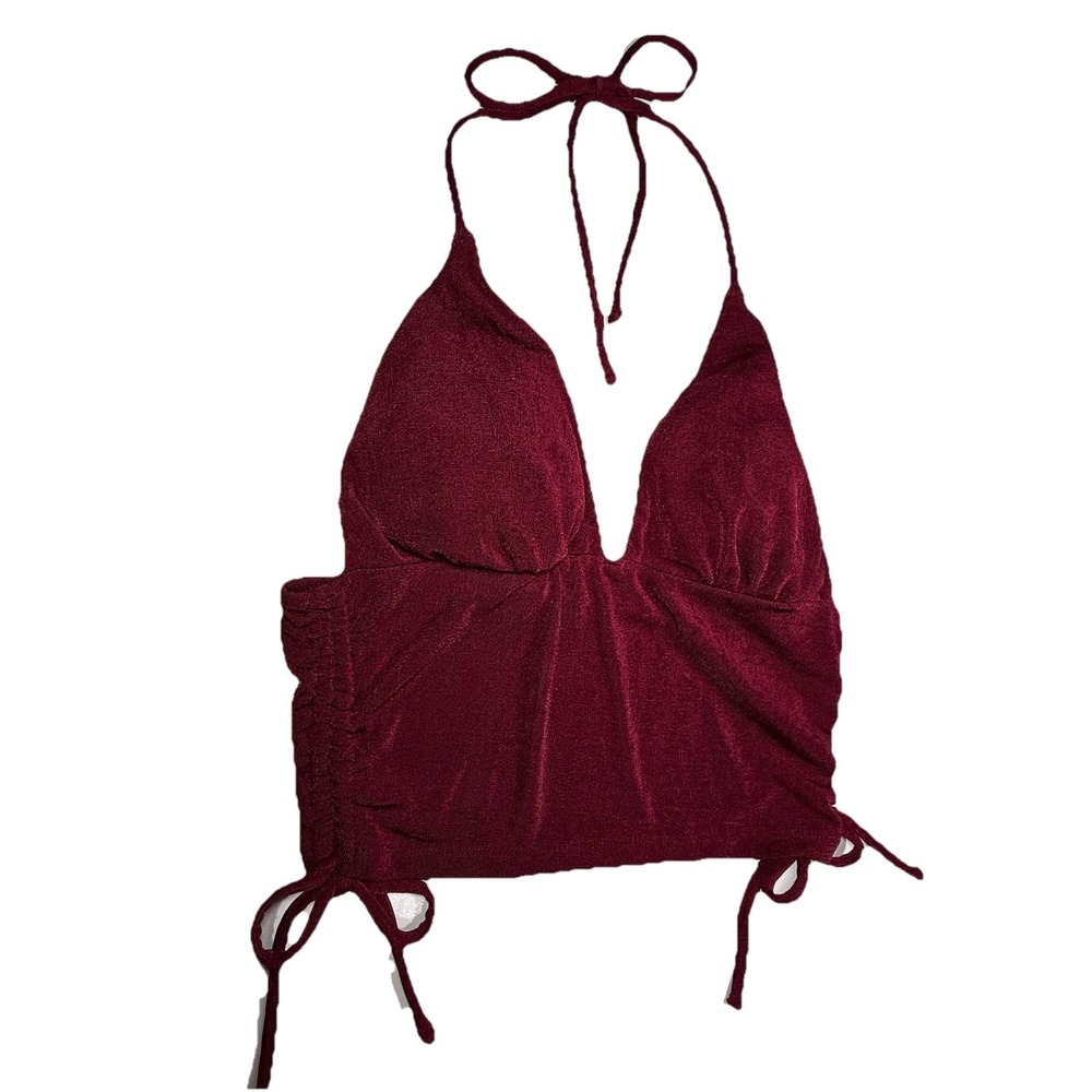 Story On Los Angeles Burgundy Velvet Halter Top Deep V-Neck Cinched Side ST2337